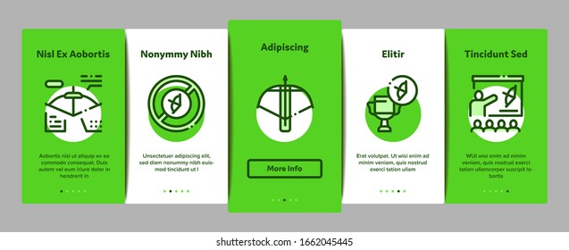 Archery Activity Sport Onboarding Mobile App Page Screen Vector. Archery Target And Equipment, Crossbow And Bow, Arrow And Archer, Championship Cup Linear Pictograms. Color Contour Illustrations