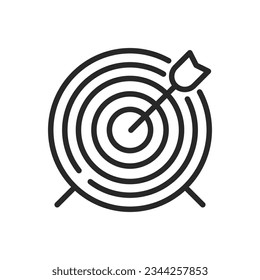 Icono de la tabla de tiro con arco. Signo editable de contorno del vector que ilustra el objetivo del tiro con arco con un botón de flecha que golpea. Ilustración Mínima Lineal.