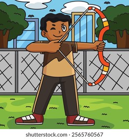 Archery Archer Dry Firing a Bow Colored Cartoon