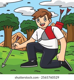 Archery Archer Picking Up Arrow Colored Cartoon 