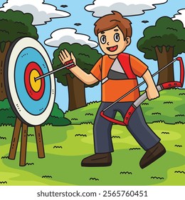 Archery Archer Retrieving Arrow Colored Cartoon 