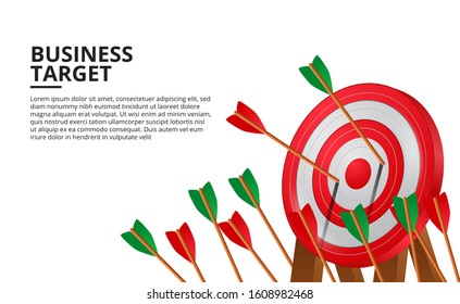 Archery arrow on 3D red target board. business goal achievement illustration concept. poster banner template