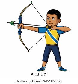 Archery athlete isolated on white background in cartoon style. Summer Games 2024. Vector illustration.