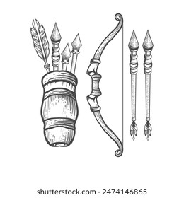 Archery bow and arrow with holder vintage hand drawing design