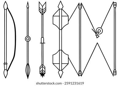 Archery Bow and Arrow Line Art Black and White Outline Graphic