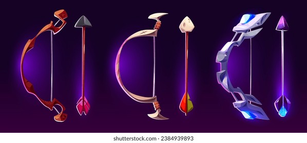 Archery bow and arrow with magical powers. Cartoon vector illustration set of game assets of fantastic wooden and stone shooting weapon with neon glowing decorative elements for rpg rank or level.
