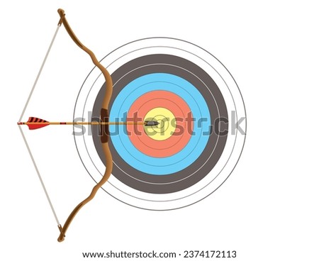 archery bow with arrow pointing to centre of target isolated on white background