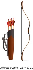 archery bow with arrows in a brown leather quiver isolated on a white background