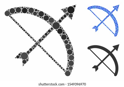 Archery bow composition of spheric dots in variable sizes and color tints, based on archery bow icon. Vector round dots are united into blue composition.