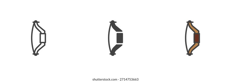 Archery bow medieval ranged weapon different style icon set. Line, filled outline and solid color vector icon. Hunting symbol, arrow launch sign.