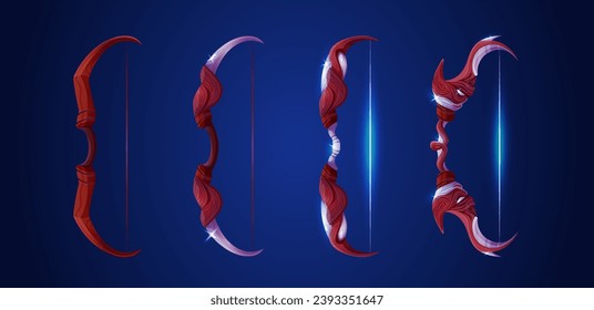 Archery bow of various complexity and decor for game ui level range. Cartoon vector set of wooden and metallic archer with glowing bowstring. Fantasy shooting weapon with decorative elements.