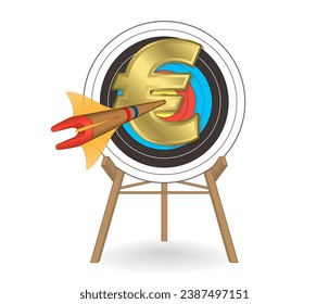 archery business concept, euro symbol on target pierced by an arrow isolated on a white background svg