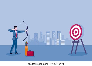 Archery and business man. Business man aiming at the target. Concept business vector illustration.