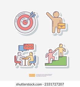 archery business target, businessman with bag, team discussion, teamwork leader help. sticker icon set. Team work vector illustration