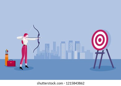 Archery and business woman. Business woman aiming at the target. Concept business vector illustration.