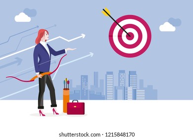 Archery and business woman. Business woman hitting her target. Concept business success vector illustration.