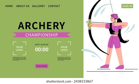 Archery championship web banner. Woman shoots bow. Background for sports standings. Website for sports competitions. Target hit. Woman athlete. Text templates. Vector flat illustration.