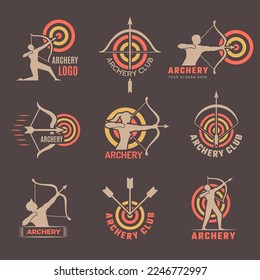 Archery club. Labels or logo with bow and archer recent vector business identity for sport competition