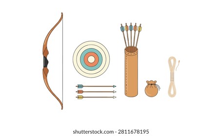 Archery collection consisting of a modern recurve bow, target, arrow quiver, loose arrows, small leather pouch, and coiled rope.