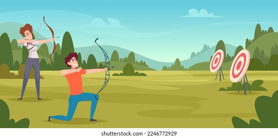 Archery competition. Cartoon background with shooting archers to target exact vector template