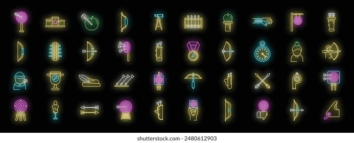 Archery competition icons set outline vector. Target archery. Purpose goal neon color on black