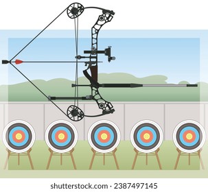 archery compound bow and arrow with row of targets in an outdoor background