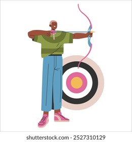 Conceito de tiro com arco. Arqueiro confiante atirando em um alvo para precisão e prática de foco. Conquista do objetivo e ideia de concentração. Ilustração vetorial.