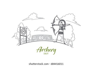Archery concept. Hand drawn archery athlete aiming at a target in the distance. Arrow and bow in hands of sportsman isolated vector illustration.