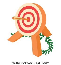 Archery contest icon isometric vector. Wood shooting target with arrow in center. Archery sport equipment