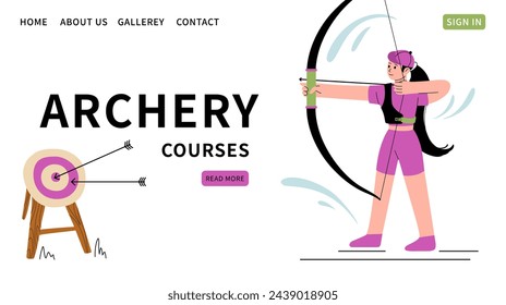 Archery courses website template. Background for sport school for children and adults. Woman shoots bow. Vector flat Illustration of an archer and shooting target. Woman athlete. Text templates.