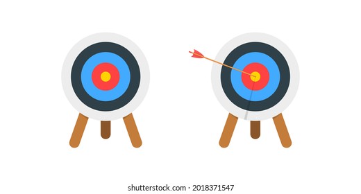 Archery dartboard with and without arrow hitting goal ring. Achieving target strategy idea. Business success plan concept. Vector cartoon illustration.