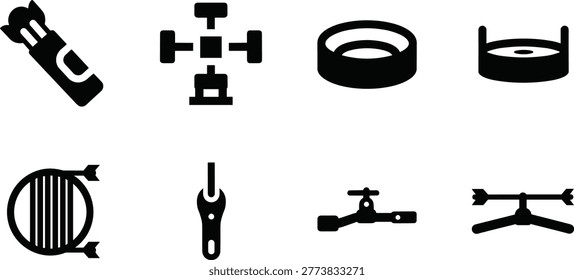 Archery equipment silhouette vector icon collection featuring bow arrows quiver target string nock and aiming accessories arranged in grid layout isolated on white background