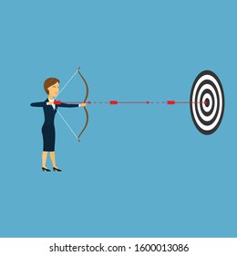 Archery. European business lady. Woman archer with a crossbow in her hands. Three arrows fly one by one at the target. Business concept - set and achieve goals. Flat cartoon vector image.
