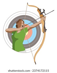 archery female archer with bow and arrow aiming high with target behind on a white background