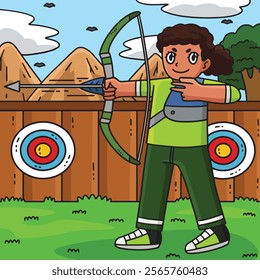 Archery Female Archer Firing Arrow Colored Cartoon