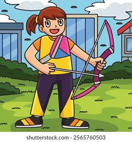 Archery Female Archer Ready to Aim Colored Cartoon