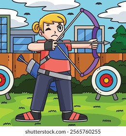 Archery Female Archer Taking Aim Colored Cartoon