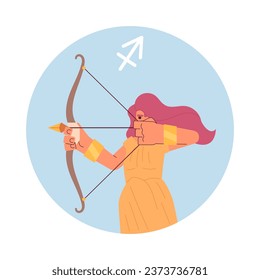 Archery flat round vector spot illustration. Brave woman holding bow 2D cartoon character on white for web UI design. Sagittarius zodiac isolated editable creative hero image