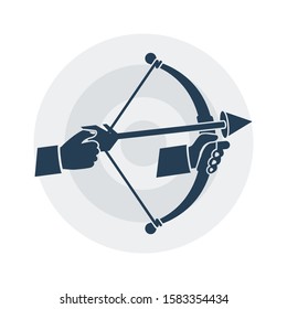 Archery glyph icon. Bow with arrow holding in hand. Vector illustration flat design. Isolated black pictogram on a white background. Hobby shoot. Symbol of achieving the goal.