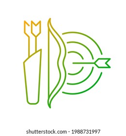 Archery gradient linear vector icon. Using bow to shoot arrows. Hunting, recreational activity. Competitive sport. Thin line color symbols. Modern style pictogram. Vector isolated outline drawing