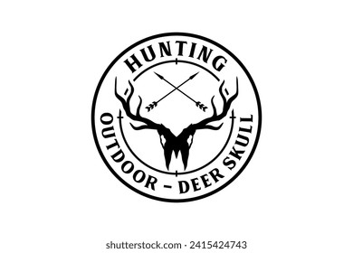 Archery hunting deer logo design, adventure wildlife sruvival emblem badge style, antler deer skull head silhouette. 