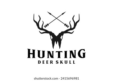 Archery hunting deer logo design, adventure wildlife sruvival emblem badge style, antler deer skull head silhouette.