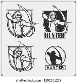 Archery and Hunting emblems. Set of labels, template, concept, design elements. Print design for t-shirts.