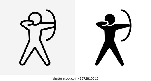 Archery icon. Archer stick figure silhouette with bow and arrow. Hunter person draw bow vector illustration. Bowman target symbol. Aiming competition. Accuracy arrow shooting sign. Archery tournament.