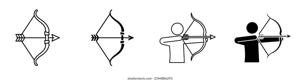 Archery icon collection in black and white filled and solid vector style.