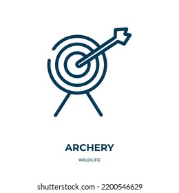 Icono de tiro con arco. Ilustración lineal vectorial de la colección de vida silvestre. Esquema del vector de icono de tiro con arco. Símbolo de línea delgada para uso en aplicaciones web y móviles, logotipo, medios impresos.