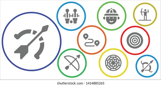 archery icon set. 9 filled archery icons.  Simple modern icons about  - Archery, Table football, Hunter, Dart board, Track, Dartboard