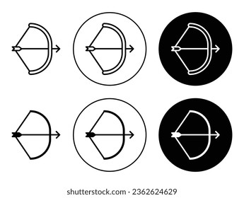 Archery icon set. bow and arrow vector symbol in black filled and outlined style.