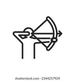 Archery Icon. Vector Outline Editable Sign Illustrating Archer Drawing Bowstring before Shooting Arrow. Linear Minimal Illustration.