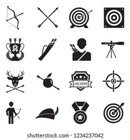 Archery Icons. Black Flat Design. Vector Illustration. 